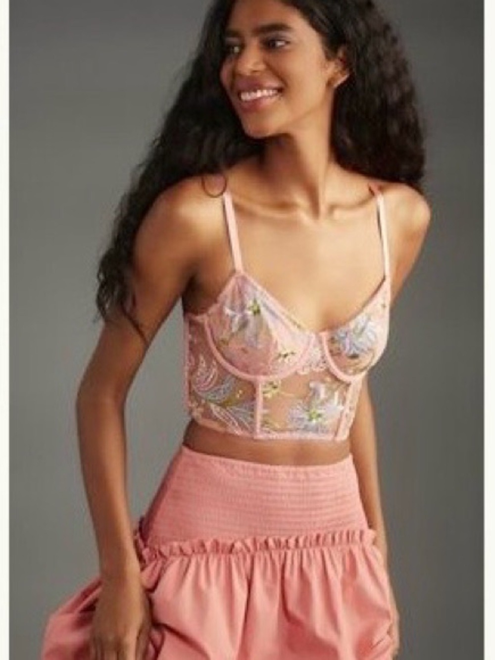 Anthropologie Blush Pink Embroidered Sheer Longline Bralette